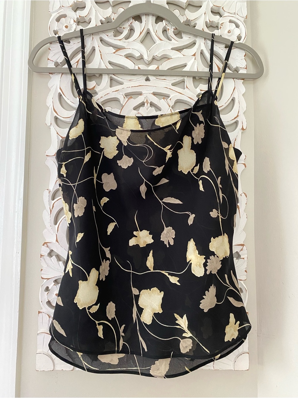 Vintage 90s Cache Cowl Drape Neck Floral Tank Top Black Gold Y2K Size M Cocktail